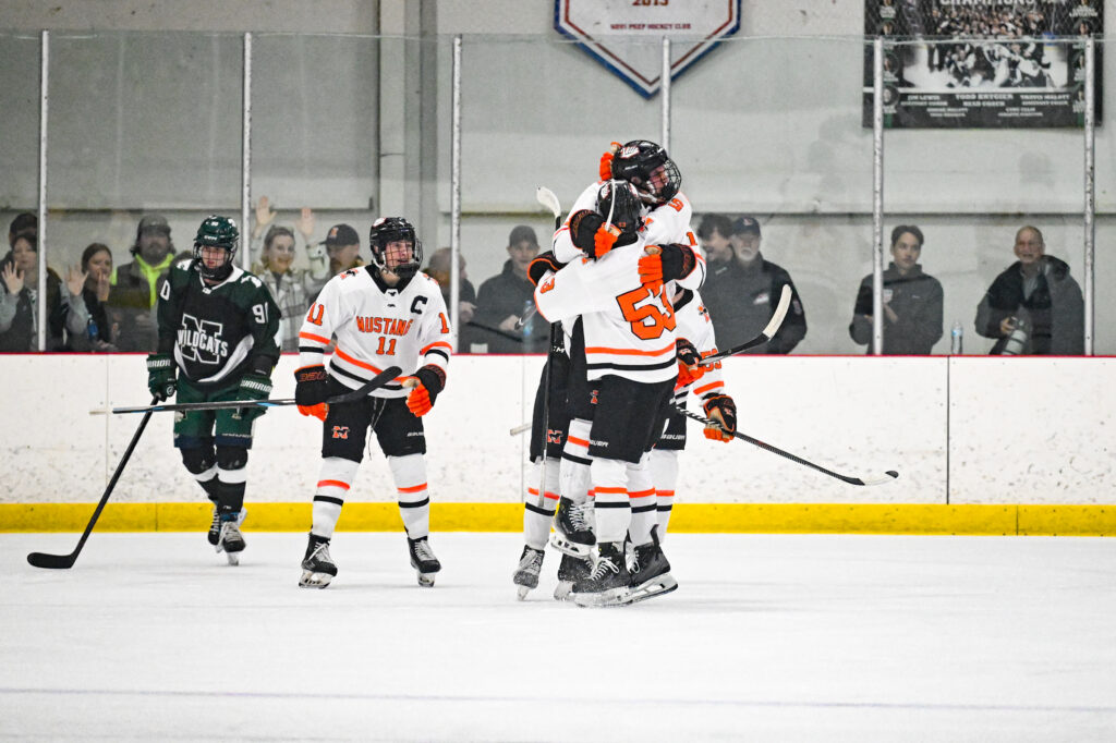 Northville Varsity Hockey 2025–2026 senior athlete celebrating a goal during varsity game.